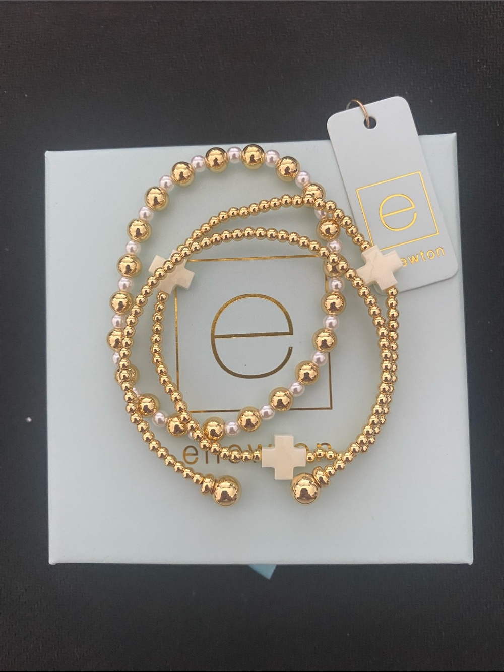 enewton Gold Bead Bracelet Set with Cream Cross Accents